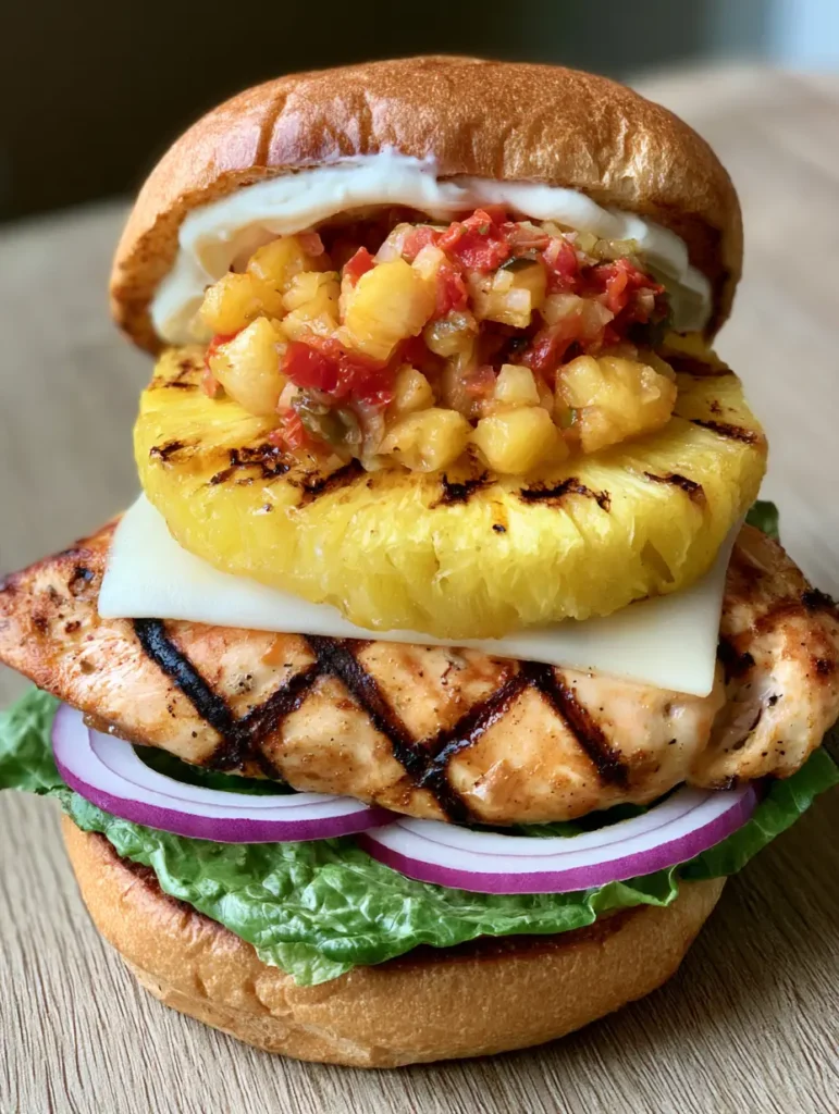 Hawaiian Chicken Sandwich with Grilled Pineapple and Salsa 2 Close up of a Hawaiian Chicken Sandwich showing the grilled chicken char marks and melted Swiss cheese.