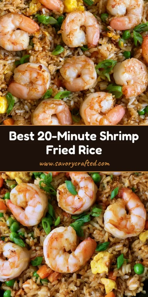 A close-up, top-down view of Shrimp Fried Rice in a black cast iron skillet featuring seared jumbo shrimp, golden jasmine rice, and vibrant green peas. (Shrimp Fried Rice)