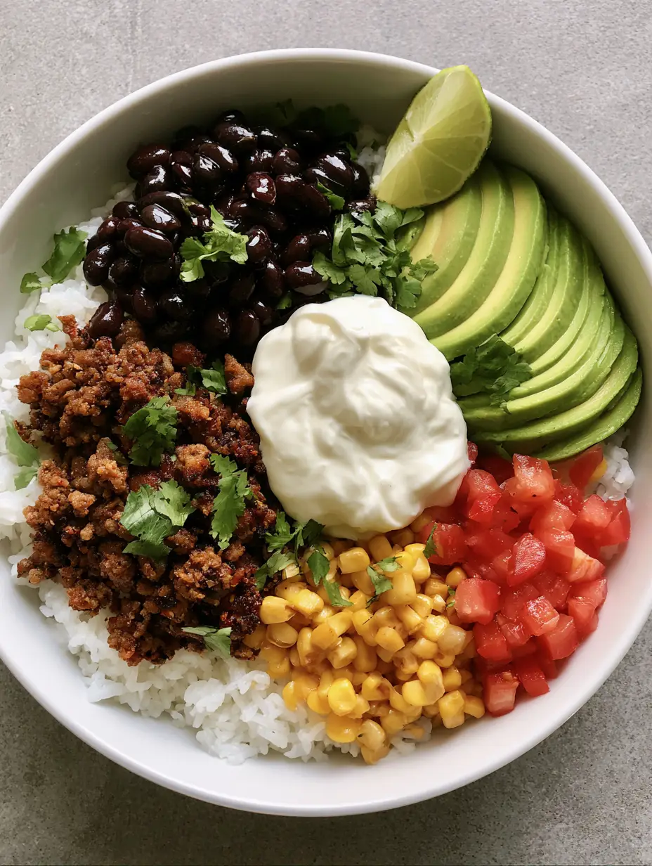 Close-up of a Healthy Taco Bowl showing seasoned crumbled beef and glossy black beans on fluffy rice.
