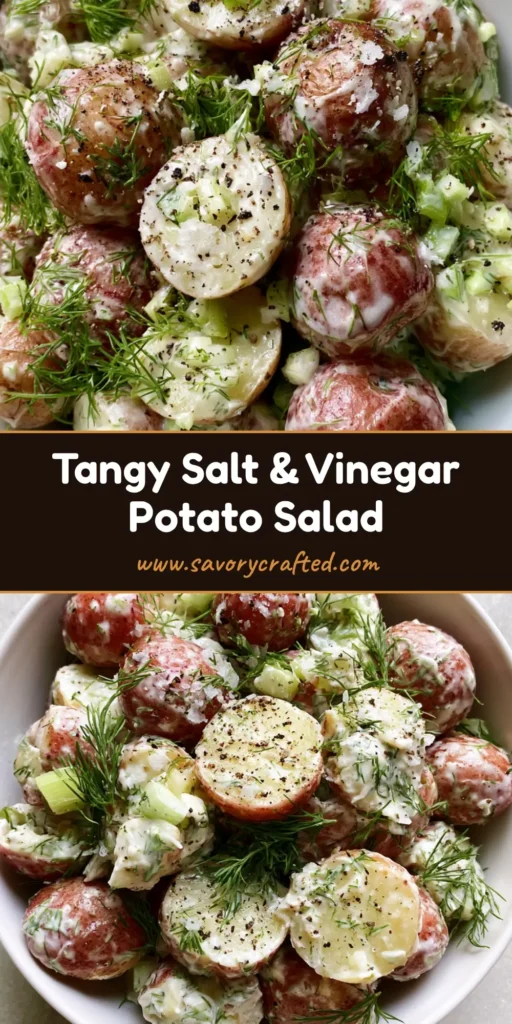 Salt and Vinegar Potato Salad: The Ultimate Tangy Red-Skinned Side Dish 4 A simple white bowl filled with Salt and Vinegar Potato Salad featuring red-skinned potatoes, fresh dill, and cracked black pepper on a stone countertop. (Salt and Vinegar Potato Salad)