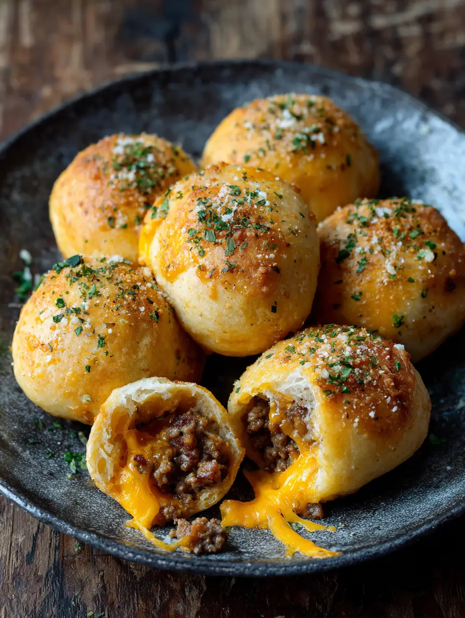 Garlic Parmesan Cheeseburger Bombs: The Ultimate 30-Minute Dinner 3 Six golden-brown Garlic Parmesan Cheeseburger Bombs arranged on a dark rustic ceramic plate.