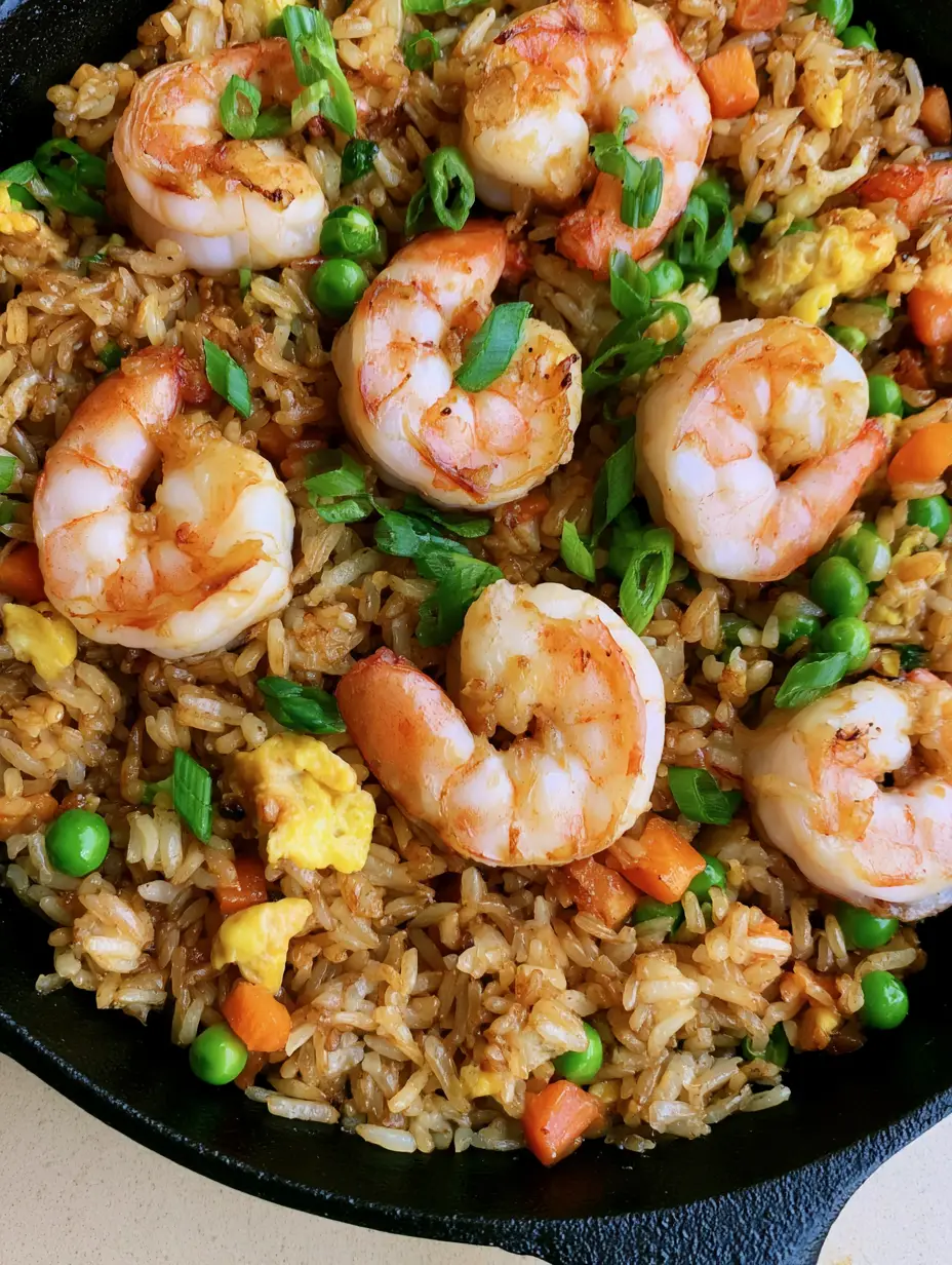 Sizzling Shrimp Fried Rice with succulent shrimp and golden-brown rice in a cast iron pan. (Shrimp Fried Rice)