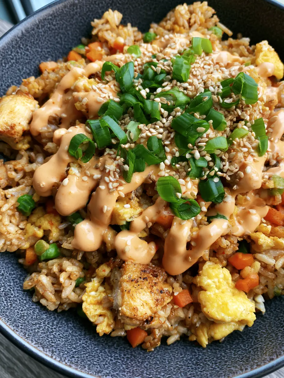 Top-down view of Bang Bang Fried Rice featuring seared chicken, peas, and carrots in a charcoal bowl.