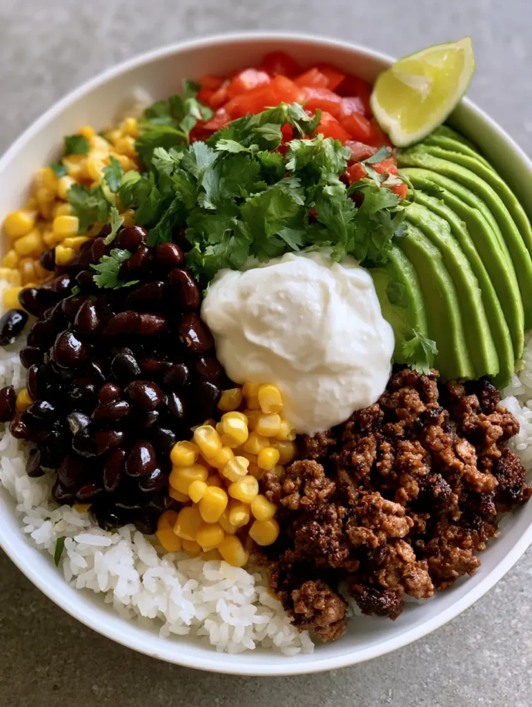 Overhead view of a Healthy Taco Bowl with a thick sour cream dollop and fresh cilantro garnish.