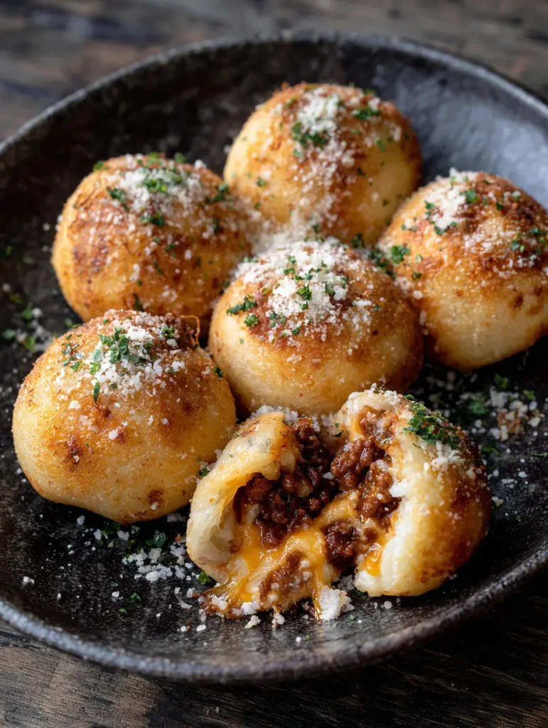 Garlic Parmesan Cheeseburger Bombs: The Ultimate 30-Minute Dinner 1 Torn open Garlic Parmesan Cheeseburger Bomb showing juicy ground beef and melted orange cheddar cheese.