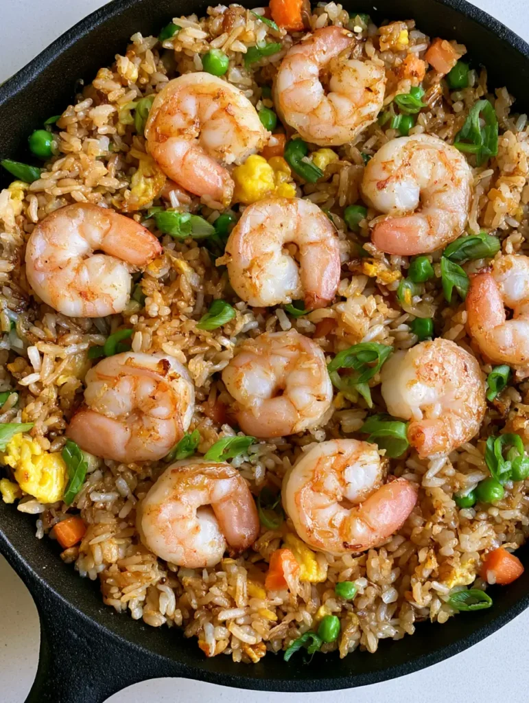 A detailed shot of the glistening soy sauce glaze on Shrimp Fried Rice with scrambled eggs and carrots.
