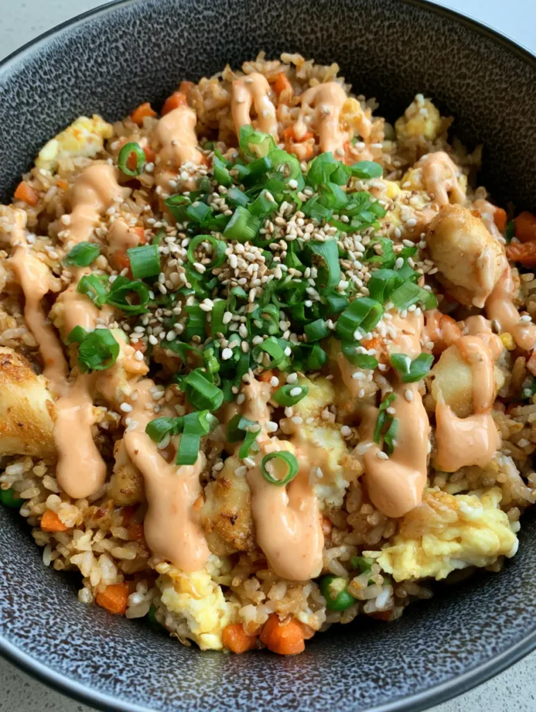 Macro shot of Bang Bang Fried Rice showing textures of seared chicken and sesame seeds.