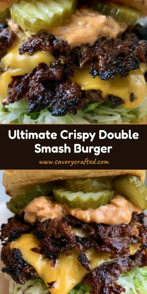 A towering double Crispy Smash Burger with melted cheese, jagged charred edges, crinkle-cut pickles, and orange sauce on a toasted brioche bun.
