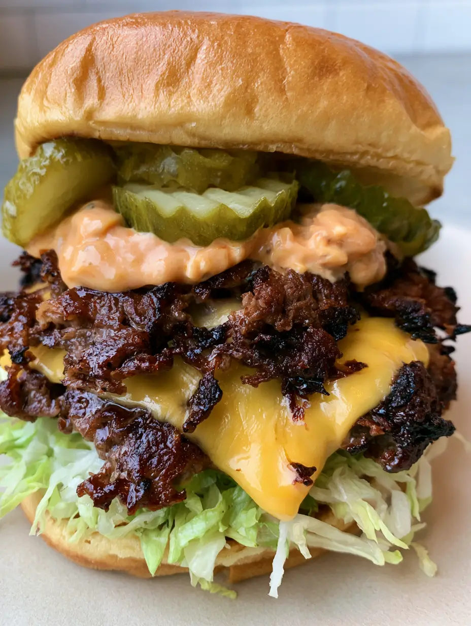 A close-up handheld shot of a Crispy Smash Burger showing juicy beef, melted yellow cheese, and thick pickles.