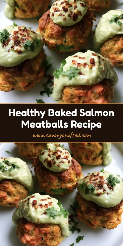 A close-up of five golden-brown Baked Salmon Meatballs on a white plate topped with creamy avocado sauce, red chili flakes, and cilantro.