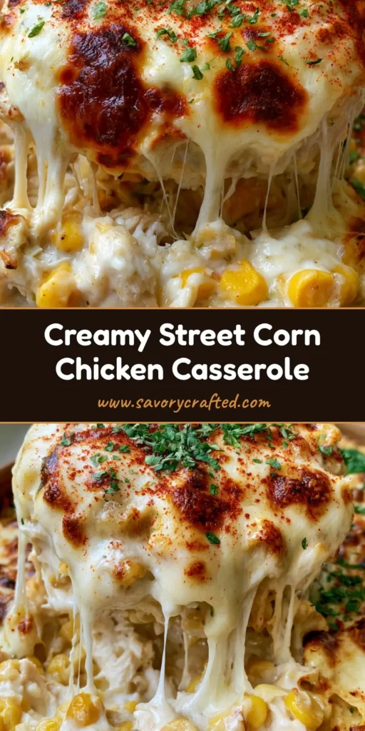 A wooden server lifting a portion of Street Corn Chicken Casserole showing long cheese pulls, charred golden-brown cheese, and a dusting of paprika and cilantro.