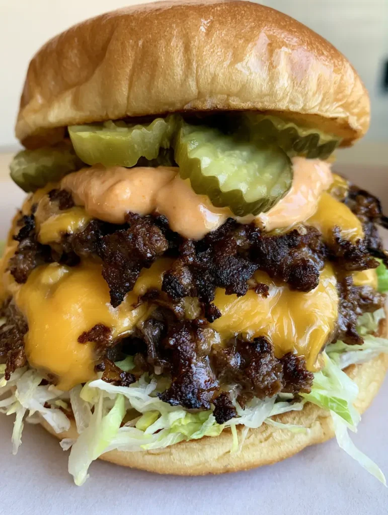 A side view of a double Crispy Smash Burger with glistening meat and shredded iceberg lettuce.
