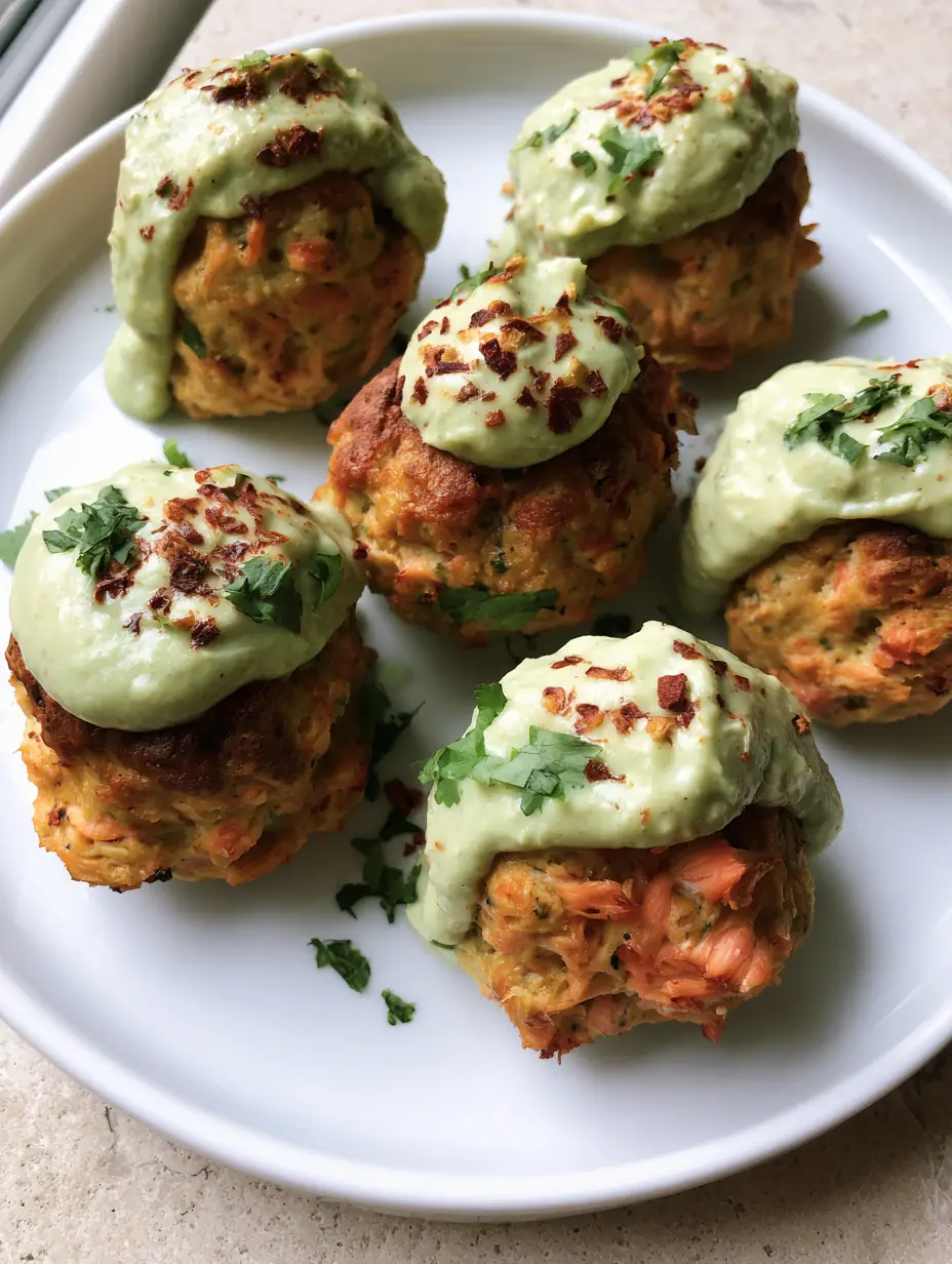 Top-down view of five rustic Baked Salmon Meatballs on a white ceramic plate with pale green sauce and herb flecks.