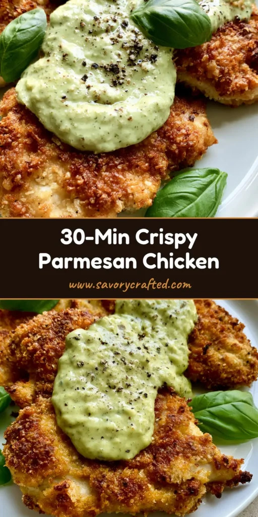 A top-down view of golden Parmesan Crusted Chicken on a white plate with basil aioli drizzle and fresh basil leaves.