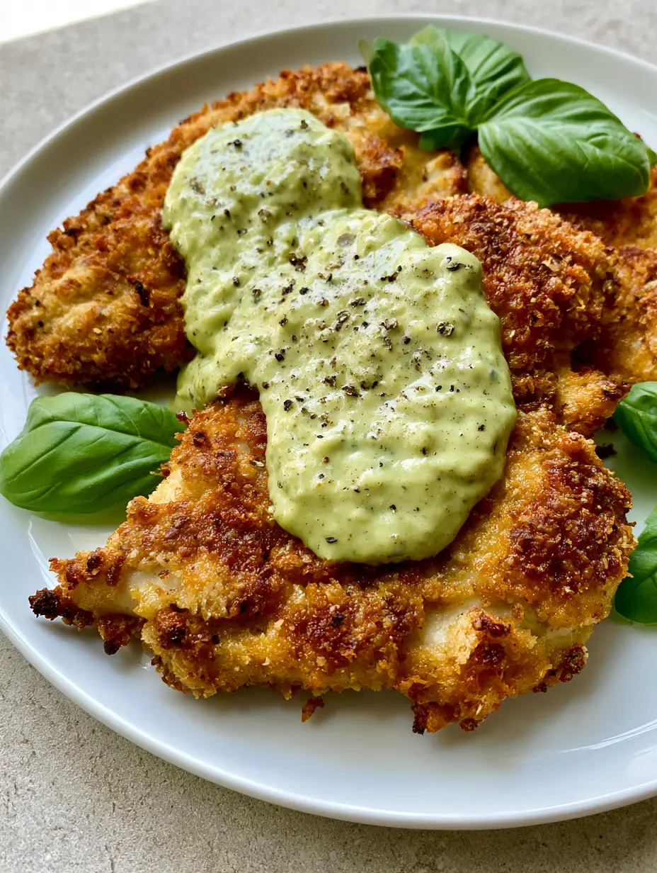 Close-up of golden-brown breaded chicken breasts with a thick parmesan crust and green basil aioli.