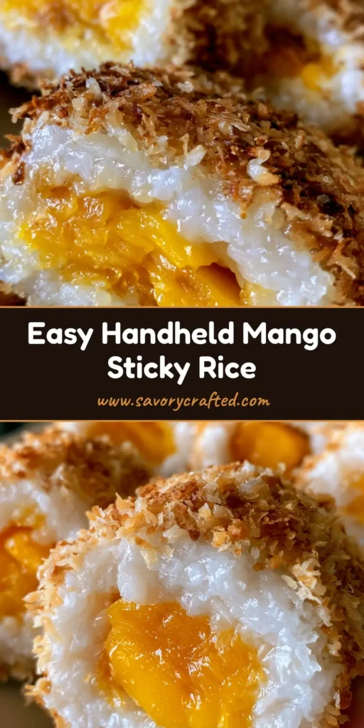 A close-up of handheld Mango Sticky Rice Rolls with a bright orange mango core and golden-brown toasted coconut coating.