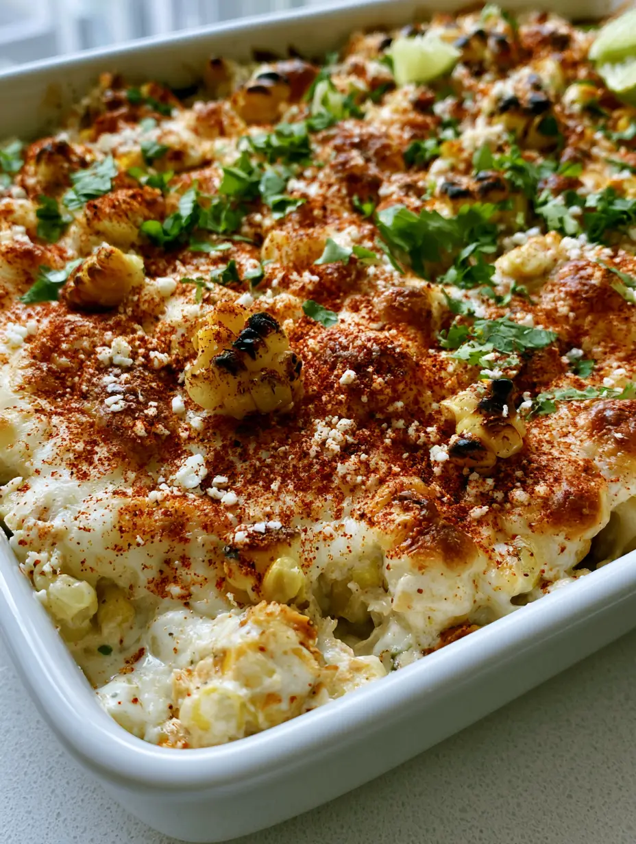 Street Corn Chicken Casserole: The Ultimate Creamy Elote Bake 4 Close up photo of Street Corn Chicken Casserole showing the golden brown cheese crust and charred corn kernels.