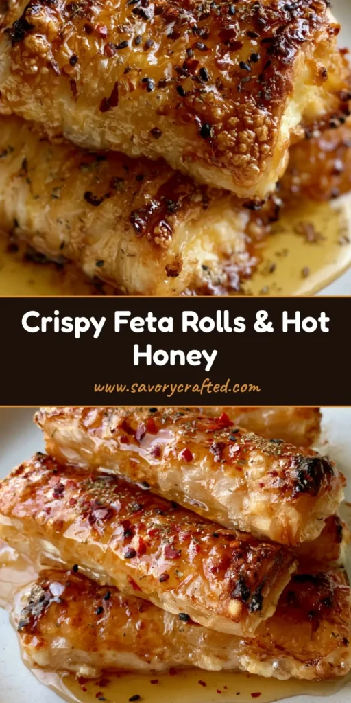 A stack of crispy Chili Honey Feta Rolls on a matte white plate with a translucent amber honey drizzle and black sesame seeds.