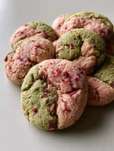 Top-down view of soft-baked Strawberry Matcha Cookies showing the matte finish and marble texture on a gray surface.