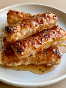 Close-up of golden-brown crispy filo pastry layers and charred edges of Chili Honey Feta Rolls.