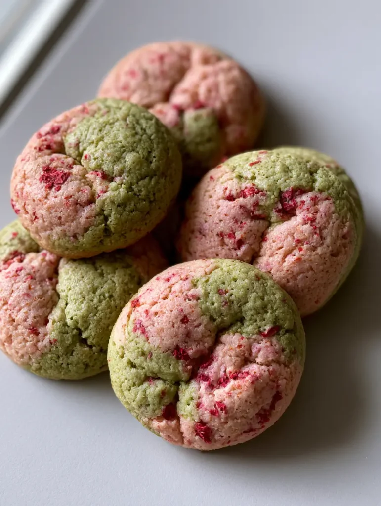 Close up of Strawberry Matcha Cookies highlighting the ruby-red fragments of freeze-dried strawberries in the pink dough.