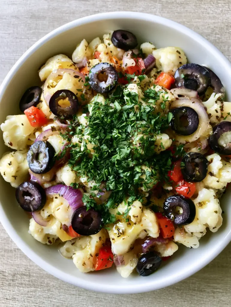 Close up of raw bite-sized white cauliflower florets with purple onion and red peppers in a glossy vinaigrette.