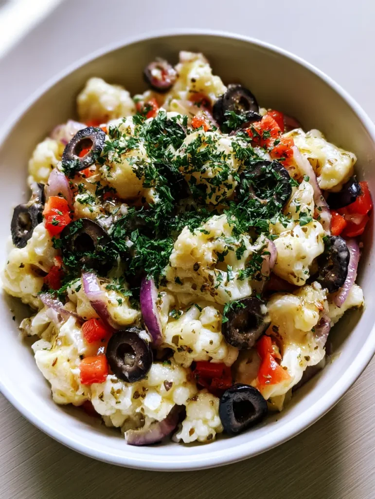 Overhead shot of Marinated Cauliflower Salad on a neutral wooden surface with soft natural lighting.