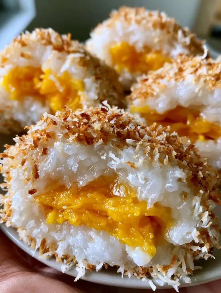 Hand holding a plate of Mango Sticky Rice Rolls in a casual indoor setting.