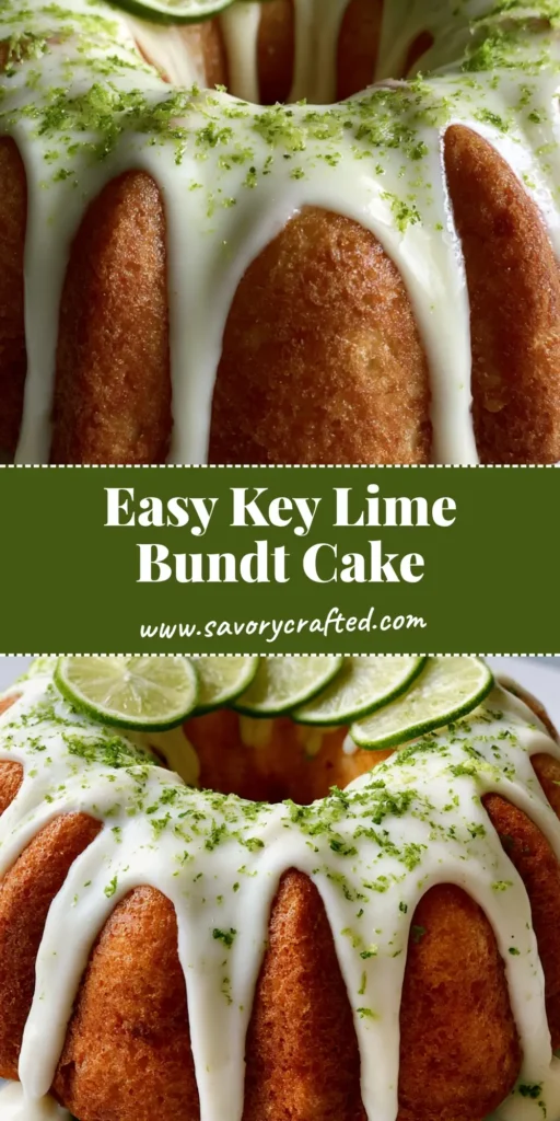 A tall Key Lime Bundt Cake with thick white glaze and lime slices on a white plate. (Key Lime Bundt Cake)