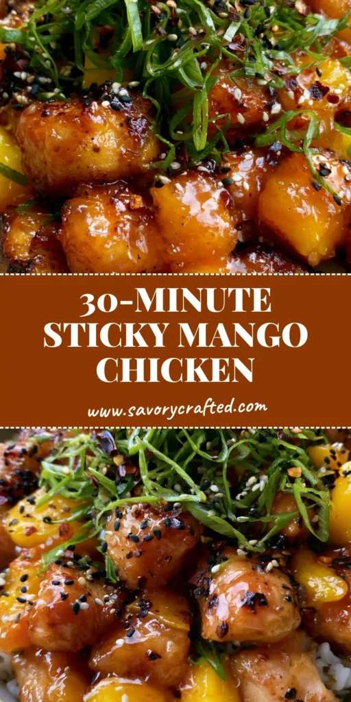 A shallow ceramic bowl of sticky Mango Glazed Chicken over white rice, garnished with scallions and sesame seeds.