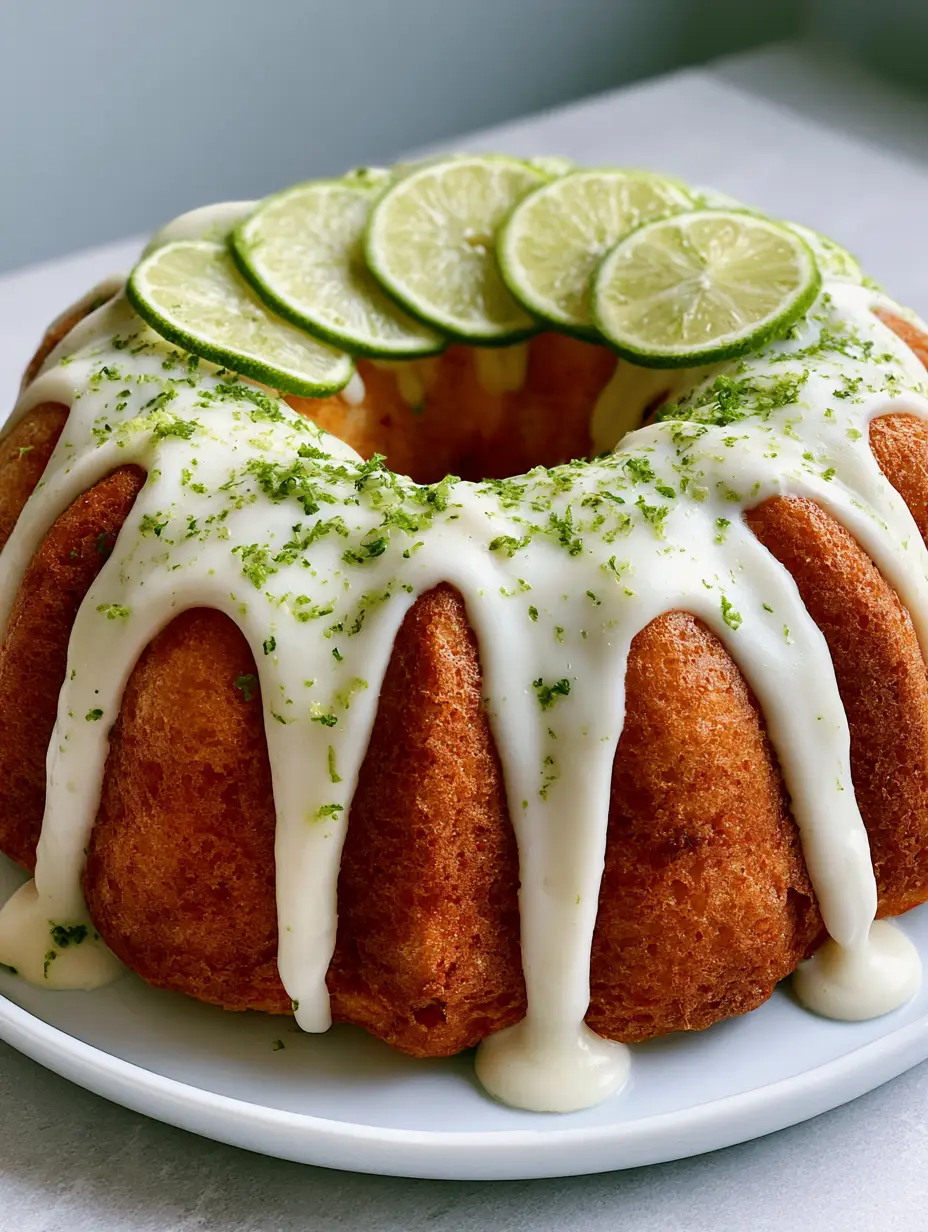 Overhead view of a golden-brown Key Lime Bundt Cake showing the spongy texture and zesty glaze. (Key Lime Bundt Cake)