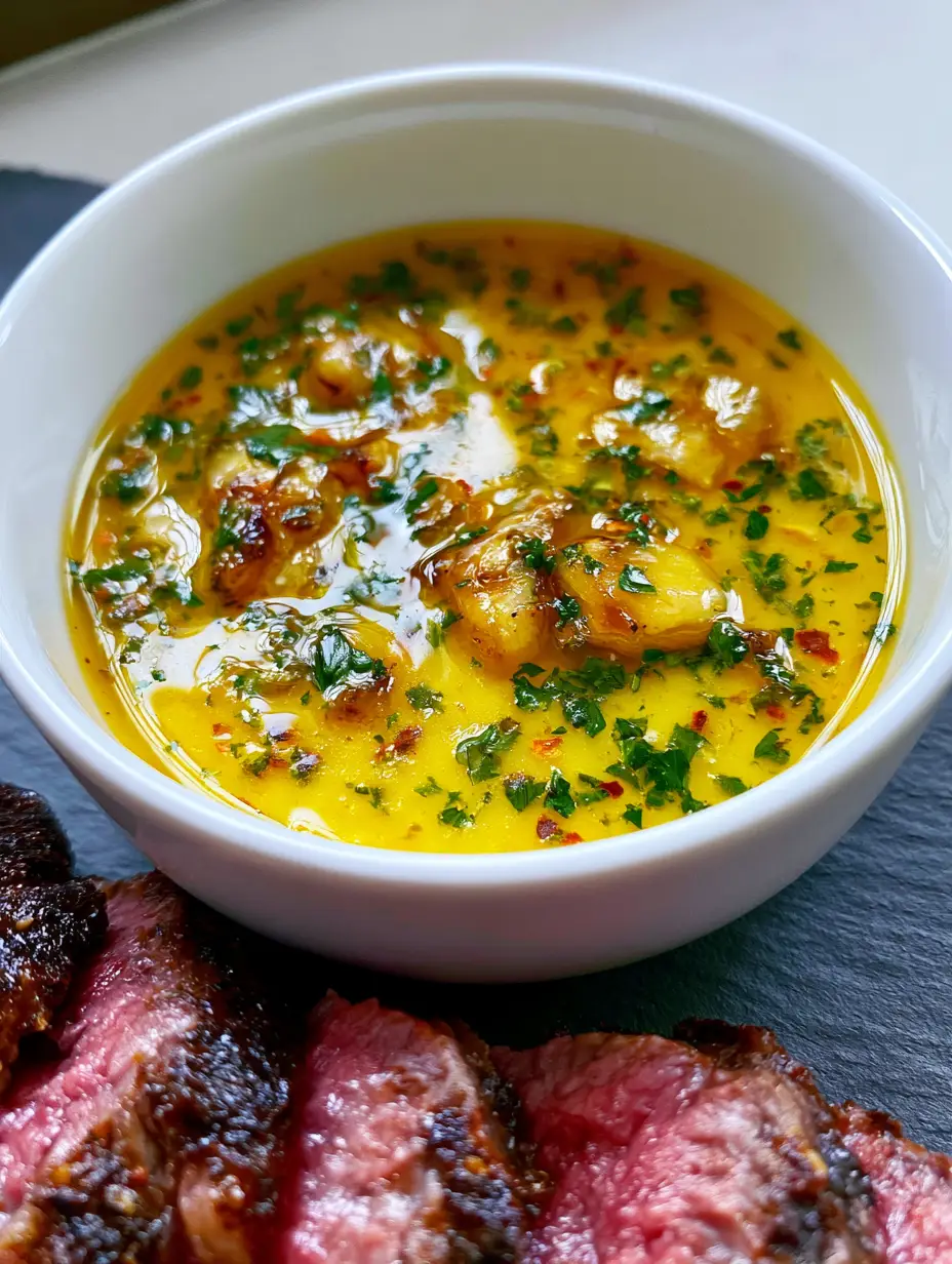 Glossy golden-yellow Roasted Garlic Cowboy Butter with red pepper flakes and fresh herbs.