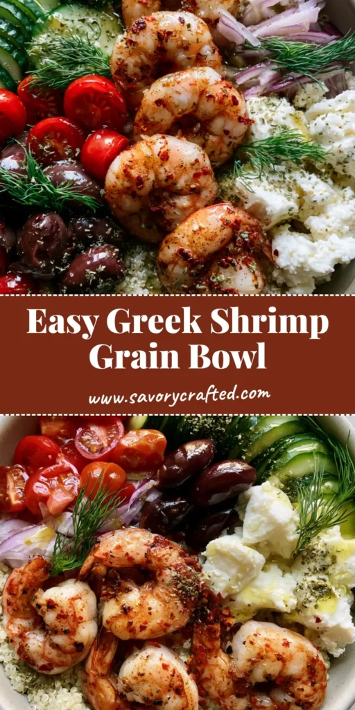 A colorful Greek Shrimp Mediterranean Bowl with seared jumbo shrimp, fluffy quinoa, Persian cucumbers, and feta cheese. (Greek Shrimp Mediterranean Bowl)