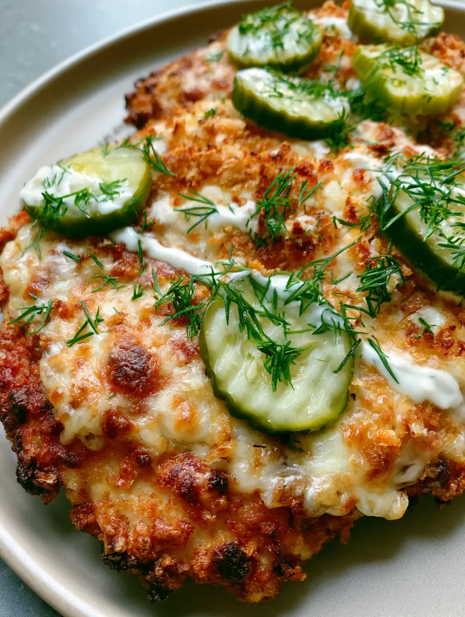 Handheld photo of crispy golden-brown Air Fryer Dill Pickle Chicken with melted parmesan and fresh dill.