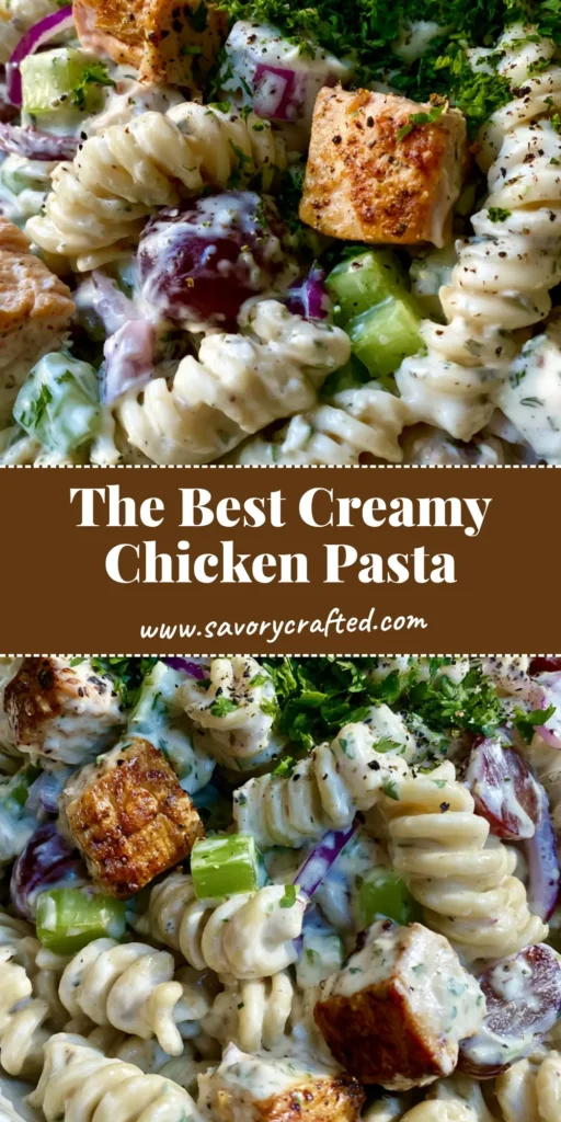 A close-up vertical shot of Creamy Chicken Pasta Salad featuring rotini spirals, seared chicken, and grapes in a white bowl.