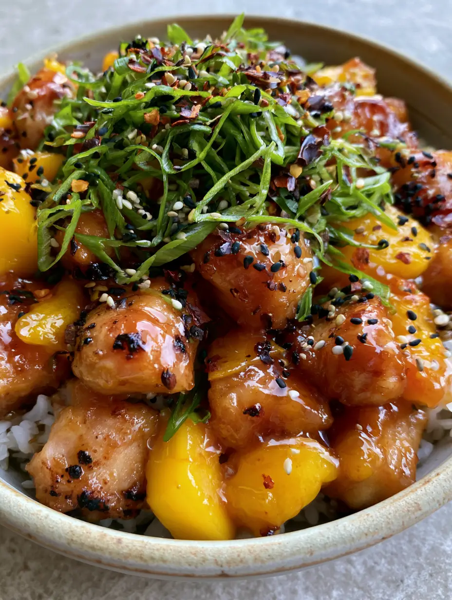 Close-up of golden-brown chicken cubes coated in a vibrant orange Mango Glazed Chicken sauce.