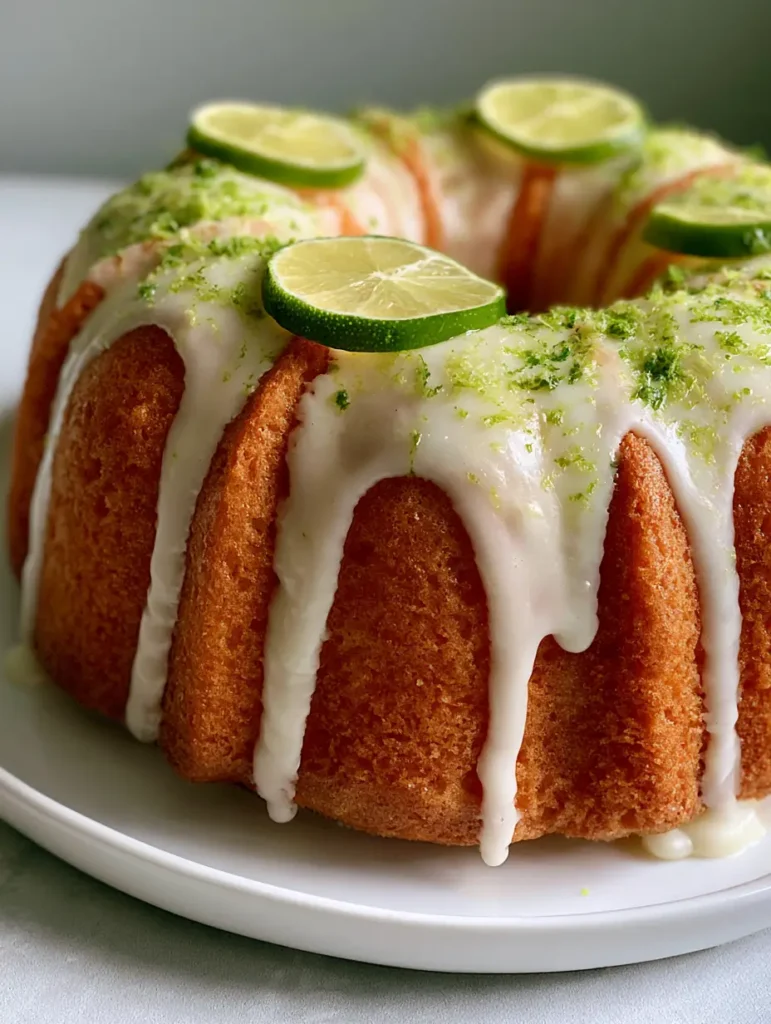Side view of thick white citrus glaze dripping down the ridges of a Key Lime Bundt Cake.