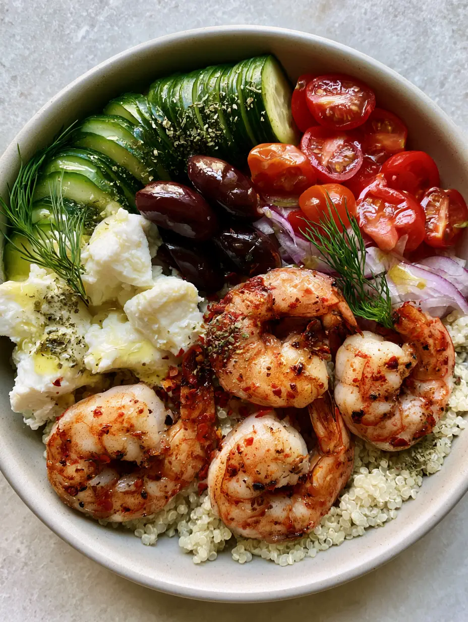 Top-down view of a Greek Shrimp Mediterranean Bowl showing char-marked shrimp with red pepper flakes and fresh dill. (Greek Shrimp Mediterranean Bowl)