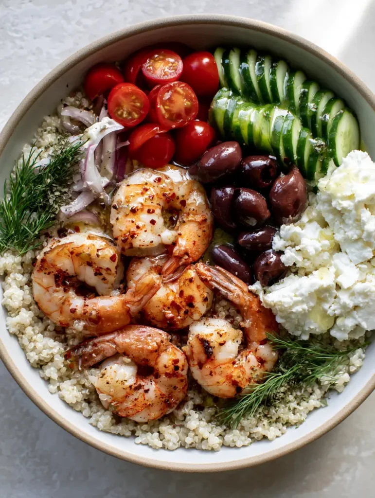 Close up of seared jumbo shrimp and crumbled feta in a Greek Shrimp Mediterranean Bowl.