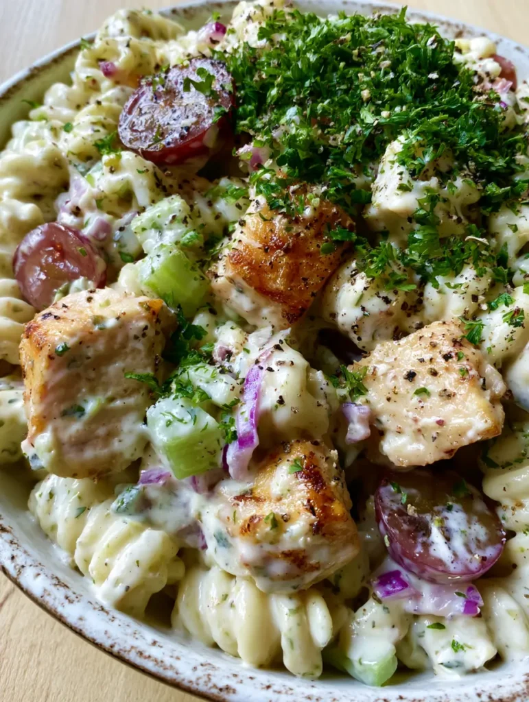 Overhead view of Creamy Chicken Pasta Salad showing halved red grapes, parsley garnish, and cracked black pepper.