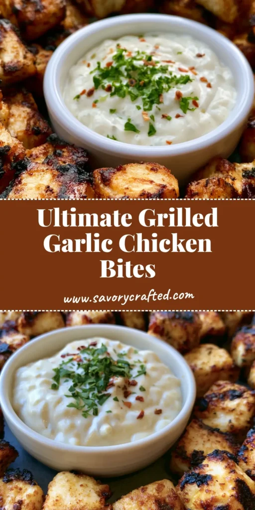 A smartphone photo of smoky Grilled Chicken Bites arranged around a white bowl of creamy garlic sauce on a matte grey plate.