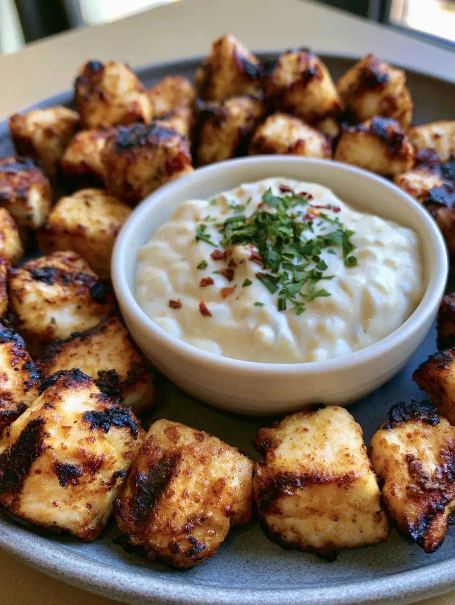 Close up of Grilled Chicken Bites showing golden-brown cubes with dark sear marks and smoky charred edges.