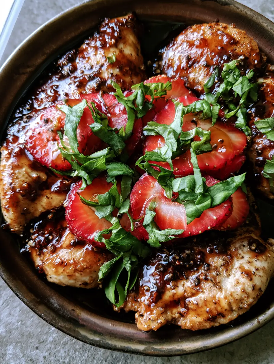 Close-up of golden-brown seared chicken breasts with visible sear marks and a thick balsamic honey glaze. (Strawberry Basil Chicken)