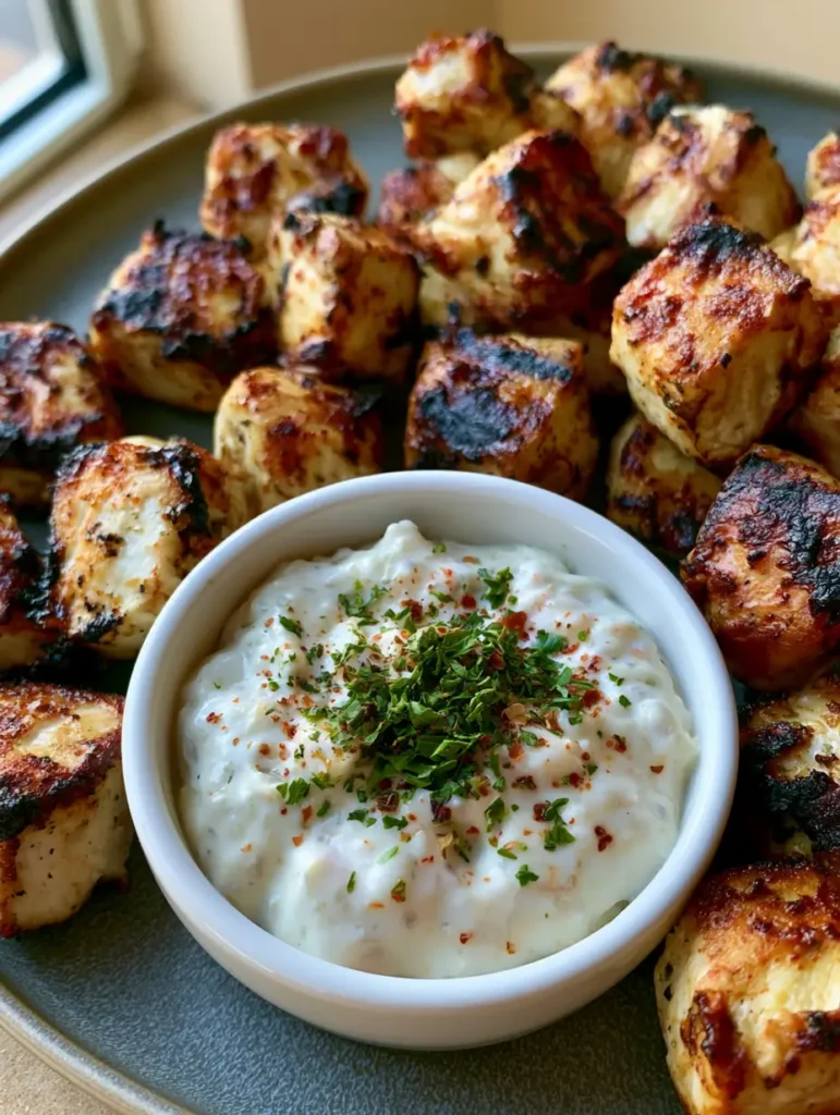 Grilled Chicken Bites on a matte grey ceramic plate with a small white dipping bowl of garlic sauce garnished with parsley and red pepper flakes.