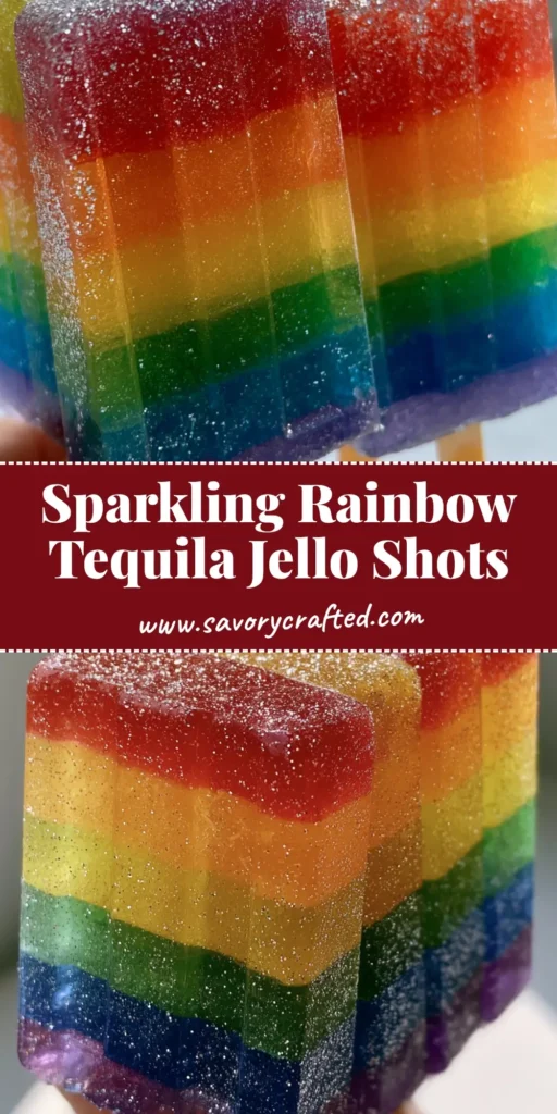 Six-layered rainbow Tequila Jello Shots on wooden popsicle sticks with silver glitter coating.