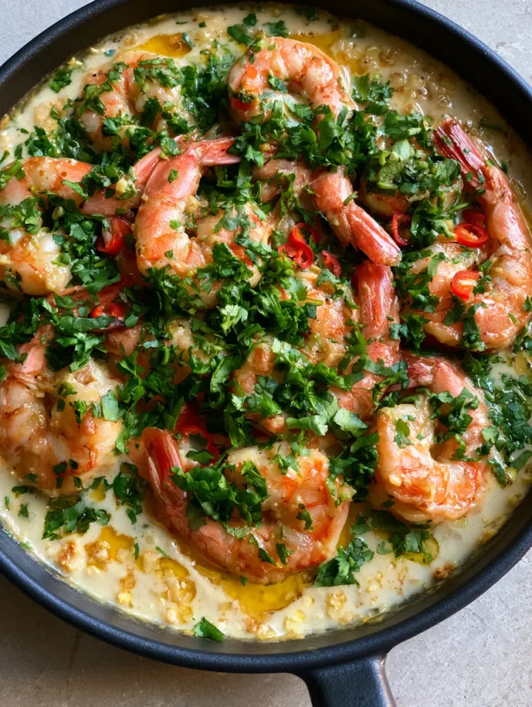 Overhead shot of Creamy Coconut Garlic Shrimp in a matte black skillet on a grey stone surface.