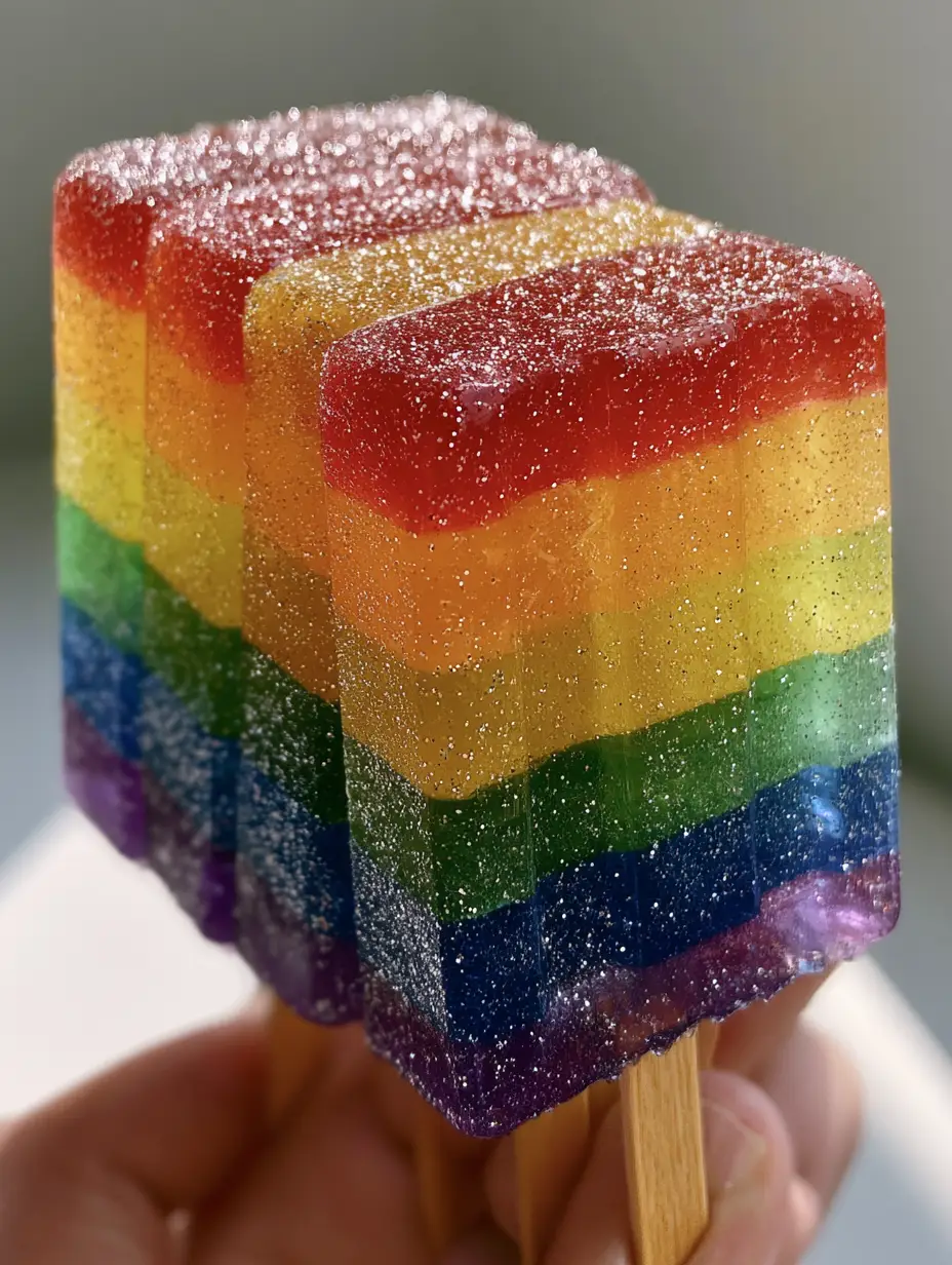 Rectangular blocks of layered rainbow gelatin shots with a glossy finish and silver dust. (Tequila Jello Shots)