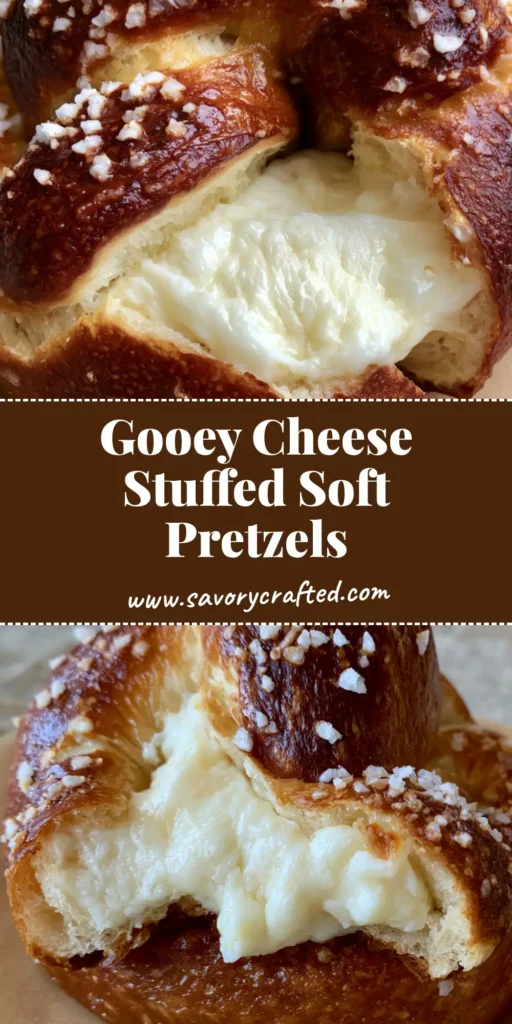 A handheld torn-open Cheese Stuffed Soft Pretzel revealing a thick, melted cream cheese filling inside a golden-brown crust with sea salt.