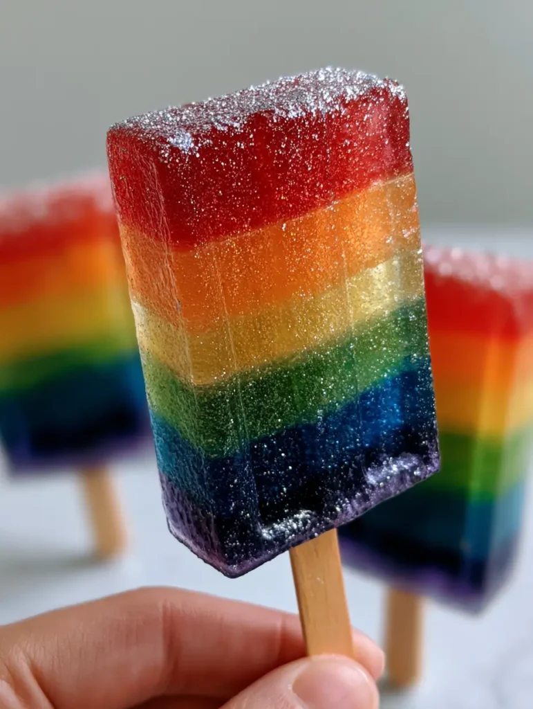 Close up of silver edible glitter on top of translucent rainbow Tequila Jello Shots.