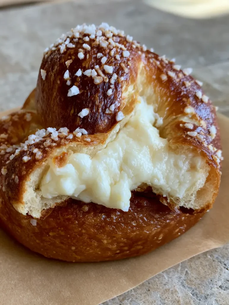 A warm golden-brown Cheese Stuffed Soft Pretzel roll torn in half on parchment paper, showing smooth white cream cheese.